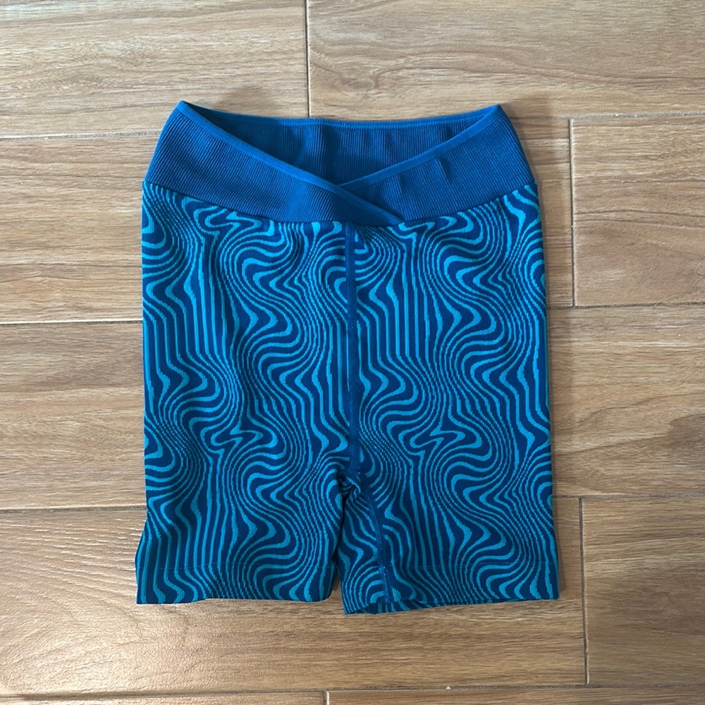 Free People Blue Bike Shorts with Geometric Pattern
